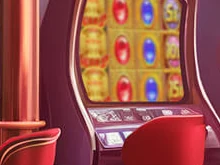 Tiga gulungan mesin slot dengan simbol buah dan angka di lobi rajajuara